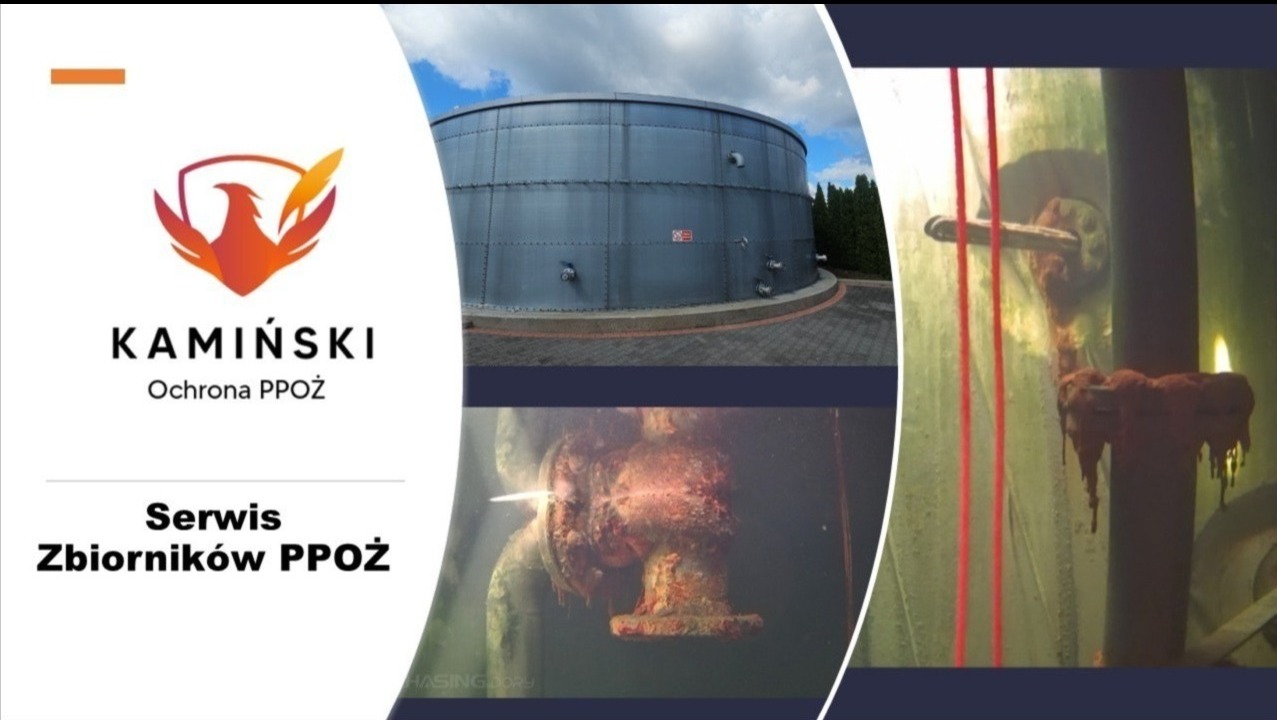 Serwis zbiorników PPOŻ: zewnętrzny zbiornik, skorodowany zawór pod wodą i zawór z wyciekiem. Logo firmy Kamiński Ochrona PPOŻ.