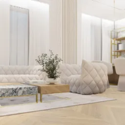 Jasne, przestronne wnętrze salonu z sofą w stylu Chesterfield, marmurowym stolikiem kawowym, drewnianą podłogą w jodełkę i dekoracyjną rośliną w centrum.