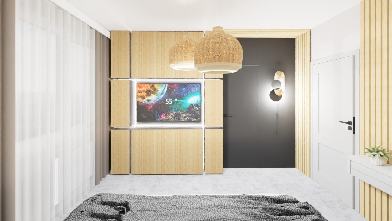 Nowoczesna sypialnia z zabudową meblową z jasnego drewna, w której wnęka mieści telewizor 55 cali wyświetlający kosmiczny obraz. Dwa rattanowe klosze lamp wiszą nad łóżkiem z szarą narzutą. Ściana...
