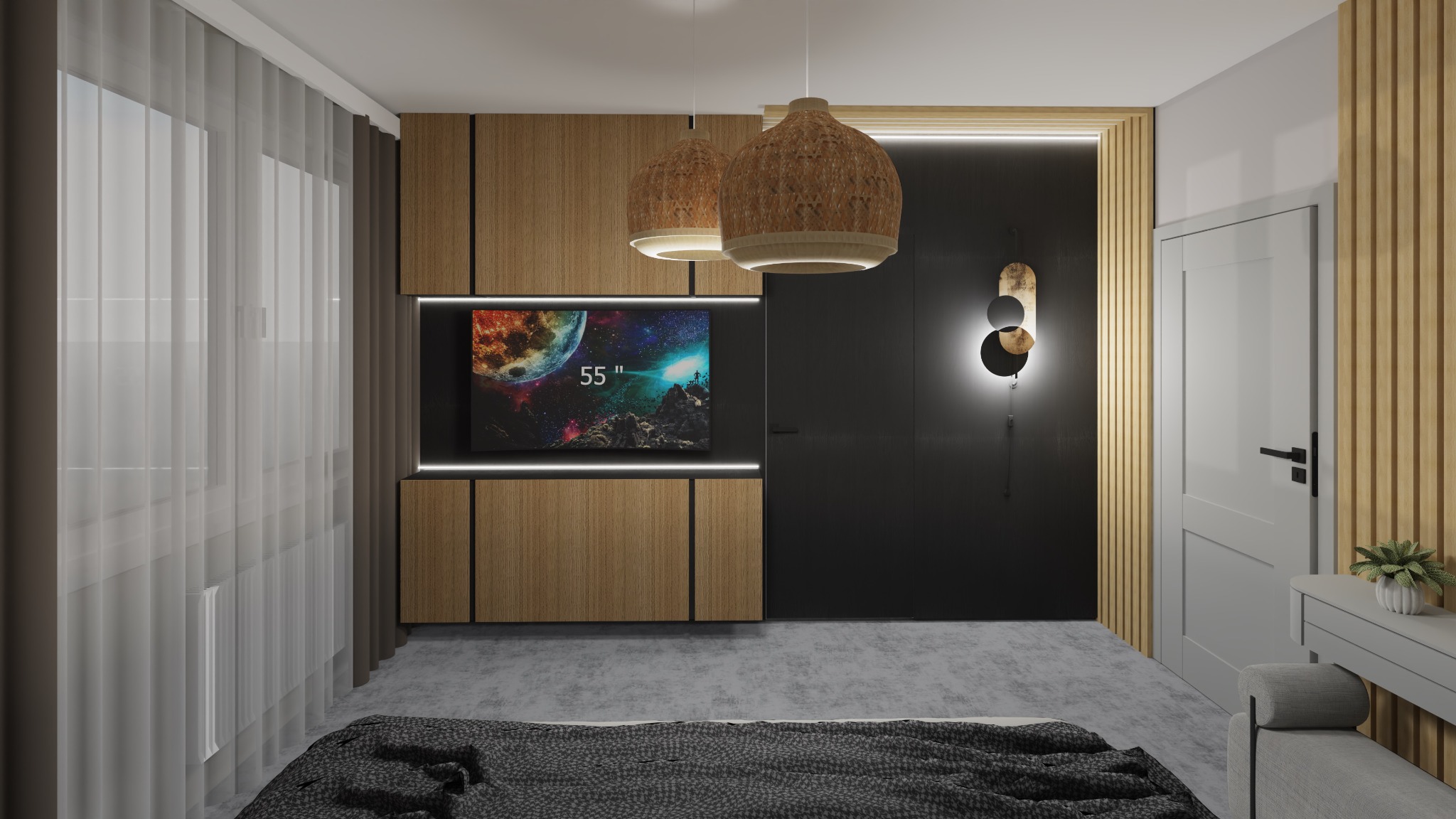 Nowoczesna sypialnia z drewnianą zabudową ściany, wbudowanym telewizorem z podświetleniem LED, plecionymi lampami wiszącymi i dekoracyjną lampą ścienną.
