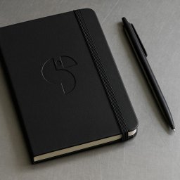 Recreate Sp. z o.o. - Czarny notatnik z tłoczonym logo i czarny długopis na metalowym tle. Minimalistyczny design, stonowana kolorystyka, elegancki wygląd.