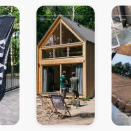 Trzy kadry: flaga z logo firmy Hyta, drewniany dom z dużymi oknami i osoby, katalogi domów Hyta na pniu drzewa z tabletem. Prezentacja oferty.