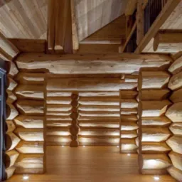 Wnętrze domu z bali z widocznymi drewnianymi ścianami, podłogą i sufitem, oświetlone punktowymi lampami podłogowymi i subtelnym światłem padającym zza belek.