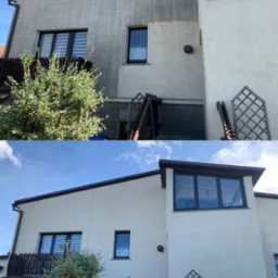 Porównanie elewacji domu przed i po myciu, widoczne różnice w czystości tynku strukturalnego, zieleń w tle.