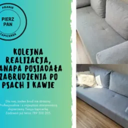 Reklama firmy czyszczącej tapicerkę, prezentująca szarą kanapę przed i po czyszczeniu, z tekstem o zabrudzeniach po psach i kawie oraz logo firmy.