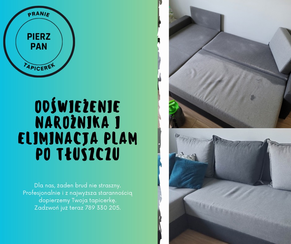 Szary narożnik przed i po czyszczeniu, widoczne plamy na siedzisku przed zabiegiem, na drugim planie poduszki w odcieniach szarości i błękitu.