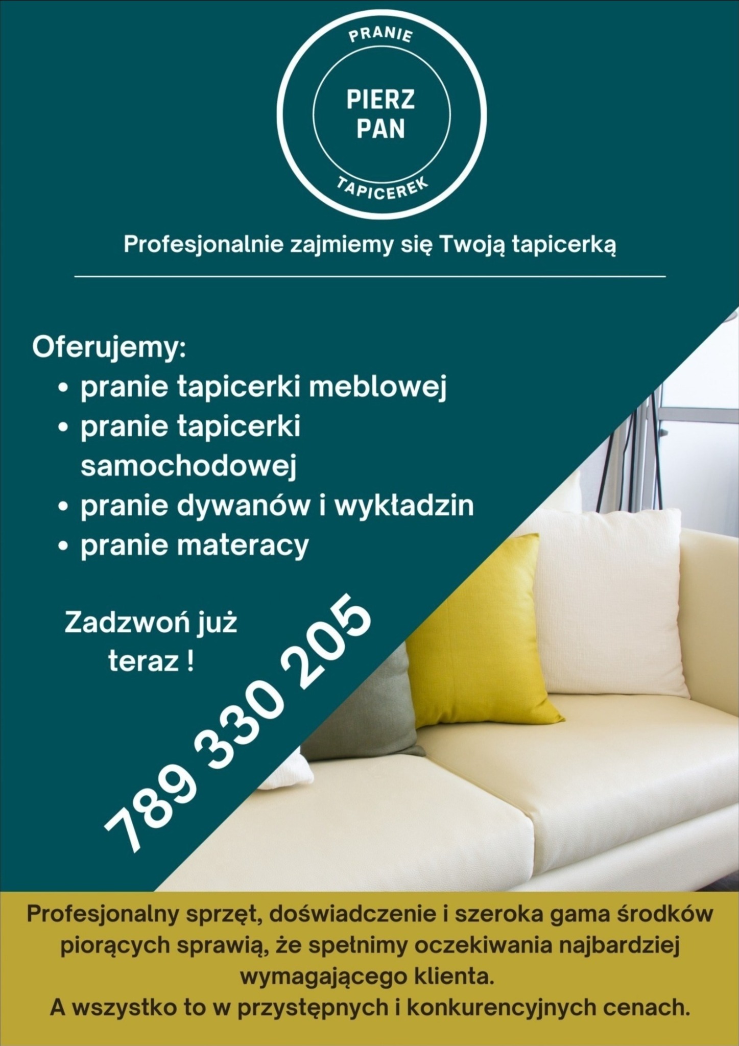Reklama firmy oferującej usługi czyszczenia tapicerki z numerem telefonu, na tle fragmentu jasnej sofy z poduszkami.