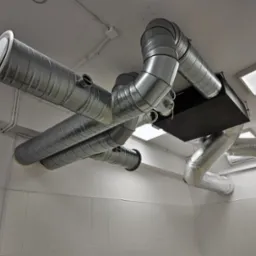 Metalowe rury wentylacyjne, widoczne pod sufitem w pomieszczeniu w Adamowie, z czarną skrzynką i białymi panelami oświetleniowymi.