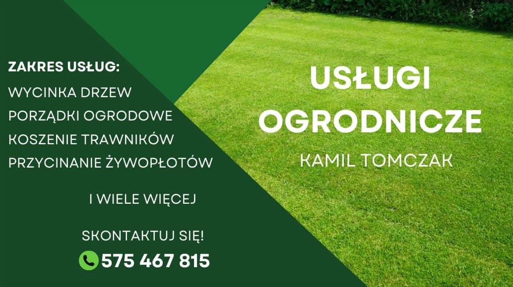Grafika reklamowa z zielonym tłem, prezentująca ofertę usług ogrodniczych, w tym koszenie trawników i przycinanie żywopłotów, z danymi kontaktowymi.