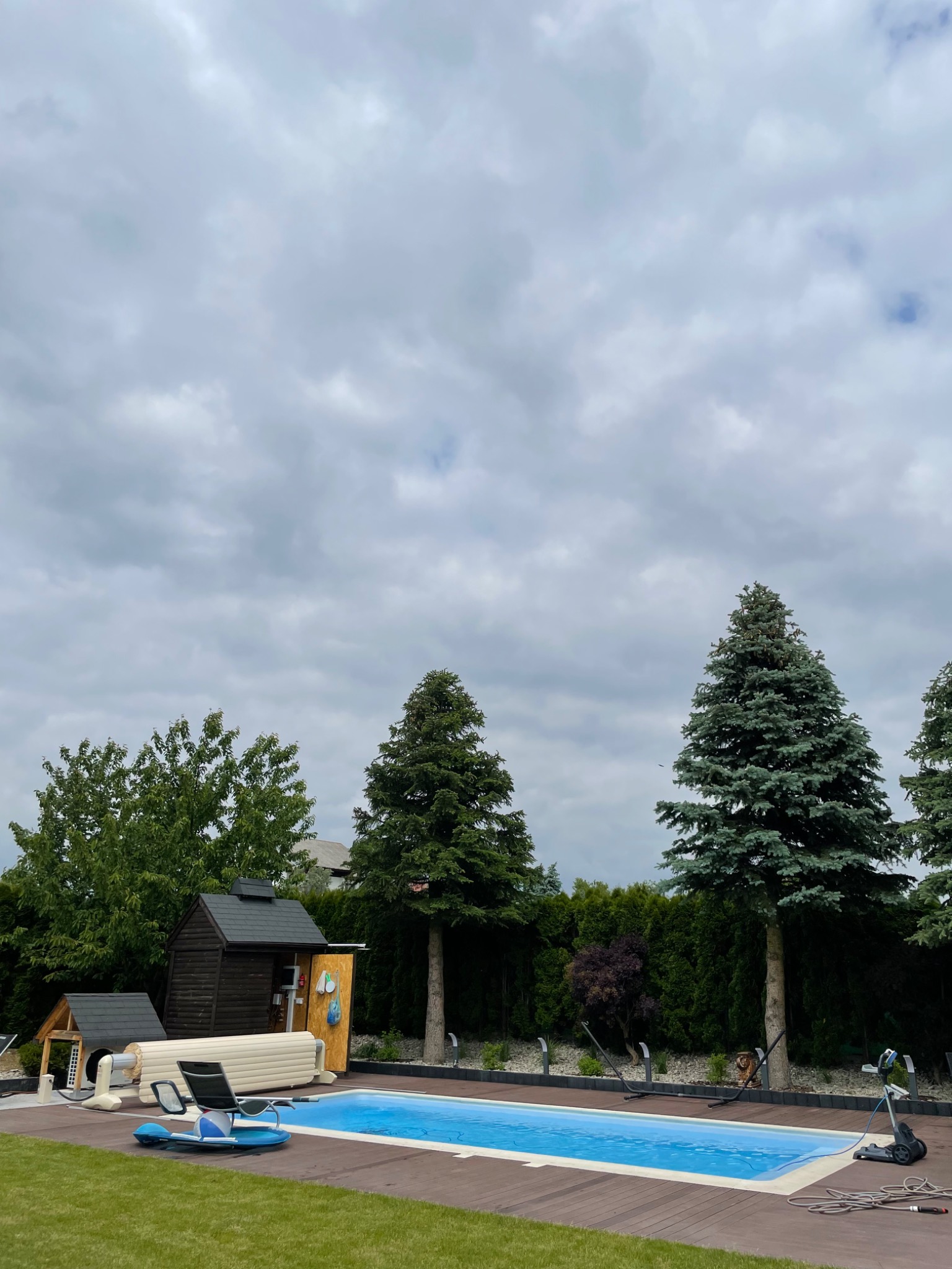 Basen z drewnianym tarasem w ogrodzie w Lublinie, otoczony zielenią i wysokimi drzewami iglastymi, widoczne akcesoria basenowe i mały drewniany domek.