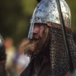 Portret brodatego mężczyzny w hełmie i kolczudze, z profilu. Widoczne detale stroju wojownika, zarys twarzy i faktura metalu. Tło rozmyte, plenerowe.