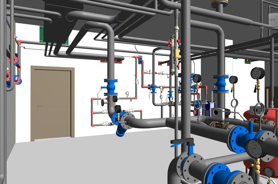Wizualizacja 3D skomplikowanego systemu rur i zaworów z manometrami, w odcieniach szarości, czerwieni i błękitu, z widocznymi elementami mocującymi i drzwiami w tle.