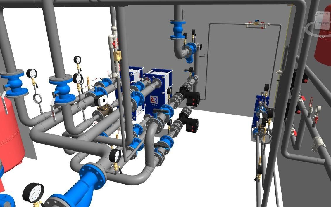 Wizualizacja 3D skomplikowanej instalacji hydraulicznej z manometrami i zaworami, potencjalnie w Żyrardowie, prezentująca szczegółowy projekt systemu rur i urządzeń.