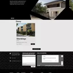 Fragment strony internetowej z prezentacją domów, w tym wizualizacją nowoczesnego domu jednorodzinnego z białymi ścianami i szarym dachem, otoczonego zielenią. Sekcja kontaktowa z mapą Google...