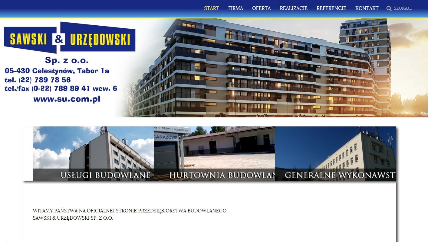 Strona internetowa firmy budowlanej Sawski & Urzędowski z widokiem na zrealizowane budynki mieszkalne, usługi budowlane, hurtownię budowlaną i generalne wykonawstwo.