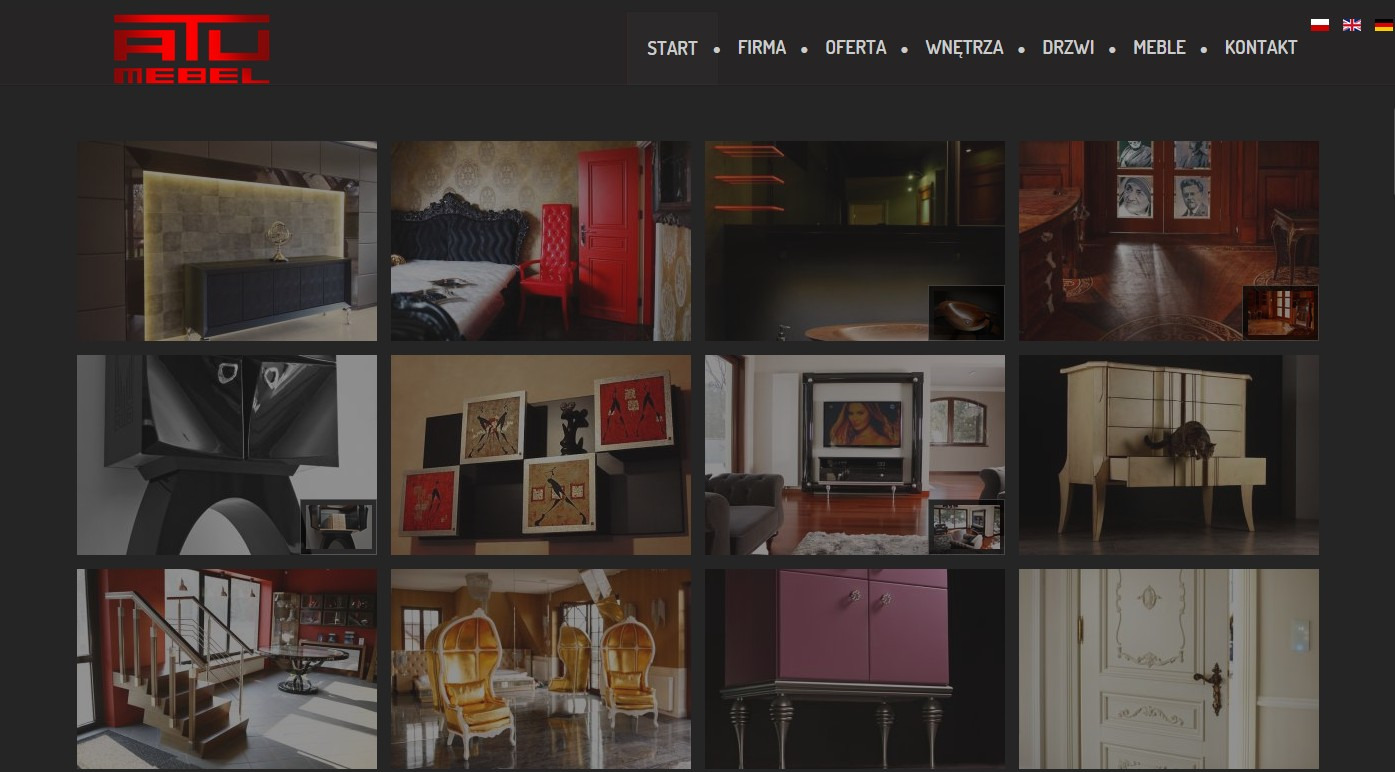 Galeria zdjęć strony internetowej firmy meblarskiej prezentująca różnorodne aranżacje wnętrz z wykorzystaniem mebli: sypialnia z czerwonymi akcentami, salon z nowoczesną komodą, schody z metalową...