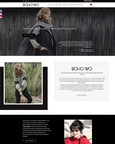 Strona internetowa marki odzieżowej Boho-Wo, prezentująca kolekcję ubrań z modelką na tle drewnianej ściany oraz w plenerze.