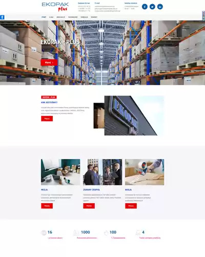 Strona internetowa firmy z widokiem na magazyn wysokiego składowania, nazwą firmy w nagłówku i sekcjami prezentującymi wizję, zespół i misję firmy.