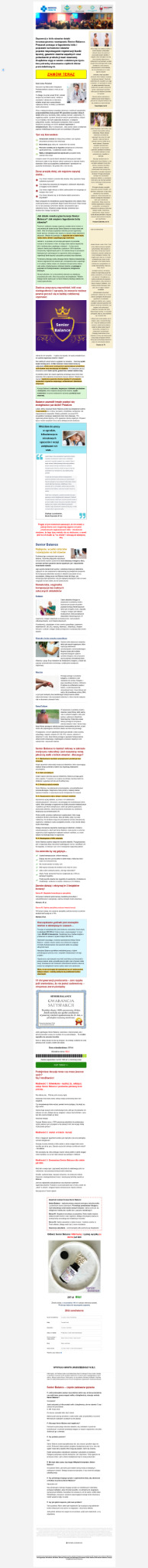 Długi artykuł na stronie internetowej dotyczący zdrowia, z nagłówkami, tekstem, zdjęciami i grafikami, w tym logo firmy i gwarancją satysfakcji.