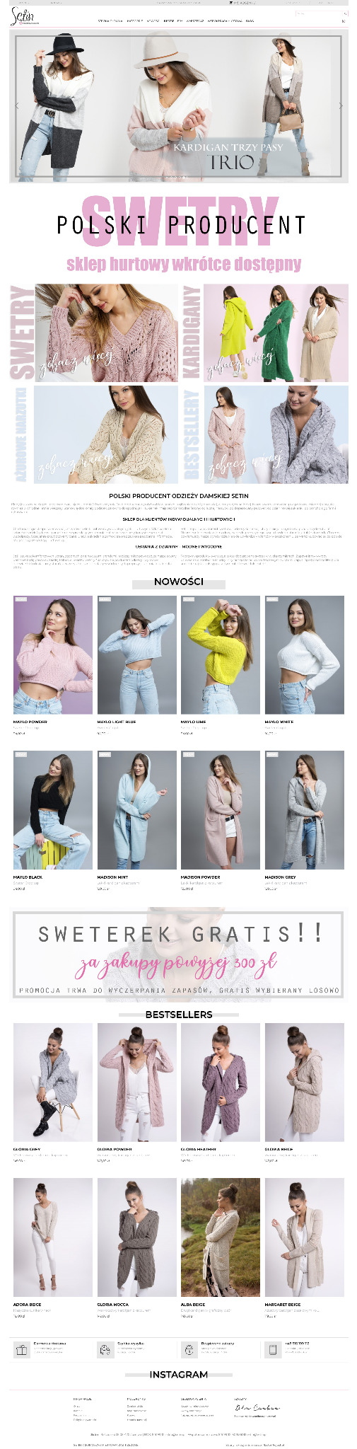 Projekt strony internetowej sklepu odzieżowego z modelkami prezentującymi swetry i kardigany w różnych kolorach i stylach, na białym tle z tekstem promocyjnym.