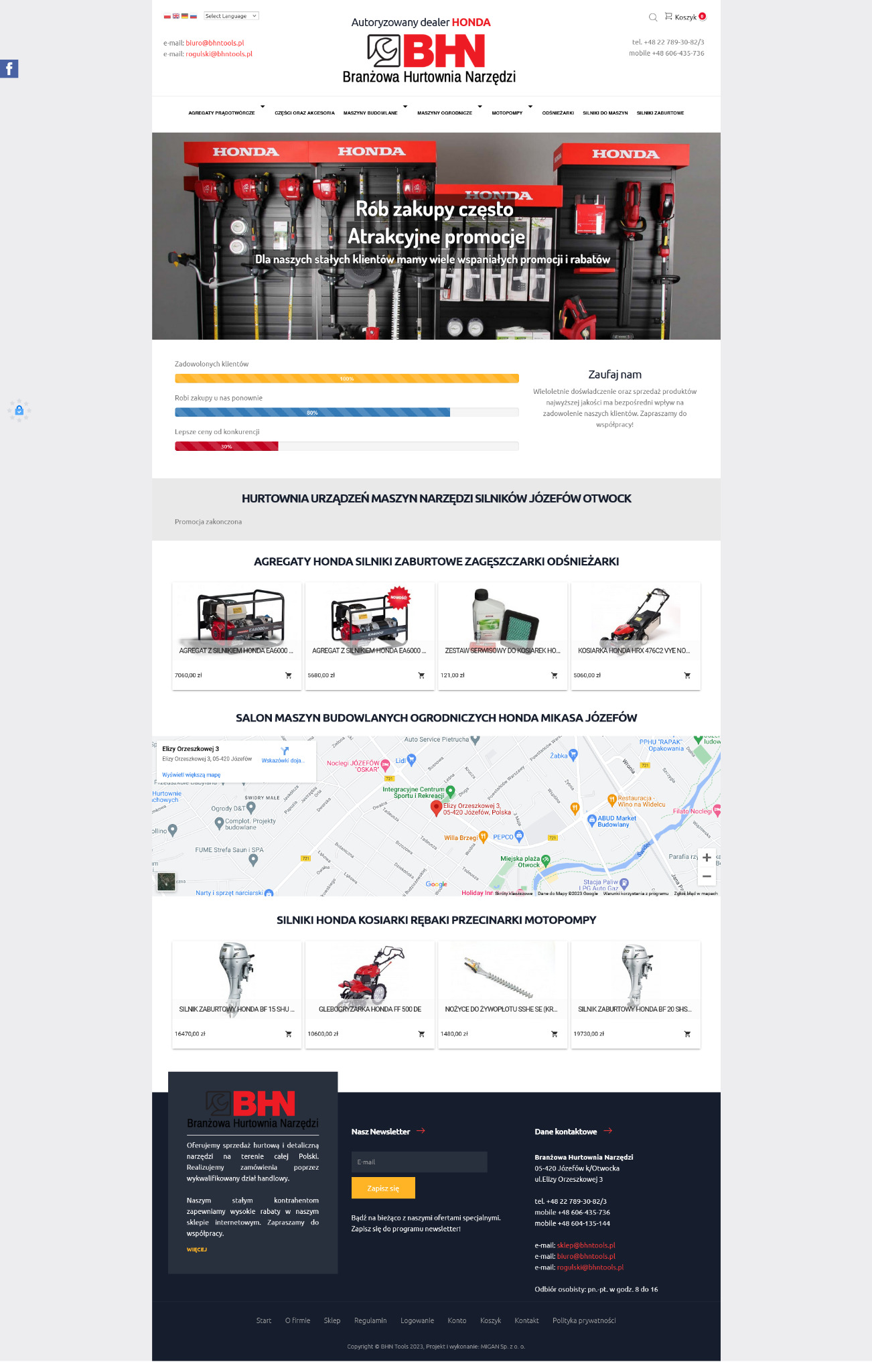 Strona internetowa sklepu z narzędziami ogrodniczymi i budowlanymi marki Honda, prezentująca agregaty, silniki, kosiarki i inne urządzenia z podziałem na kategorie oraz mapą dojazdu do salonu.