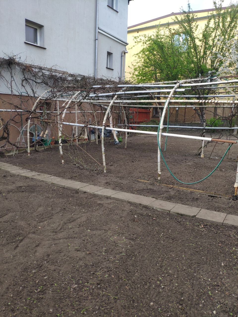 Konstrukcja z rurek i gałęzi w ogrodzie, przygotowana pod rośliny pnące, widoczna ziemia i kostka brukowa.