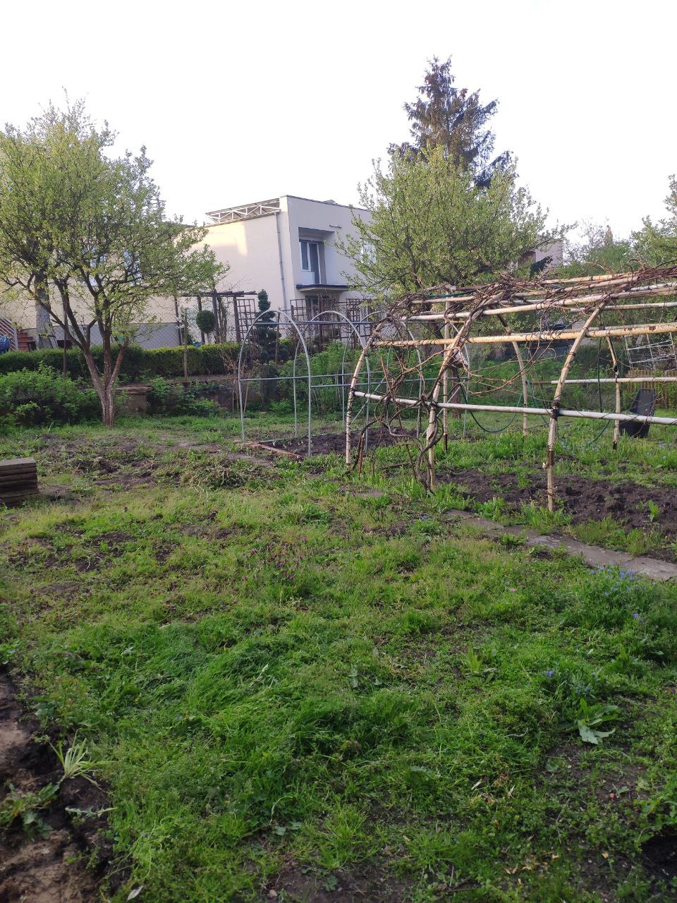 Metalowa konstrukcja pod pnącza w ogrodzie przed domem, widoczne ślady prac ziemnych i świeża zieleń.