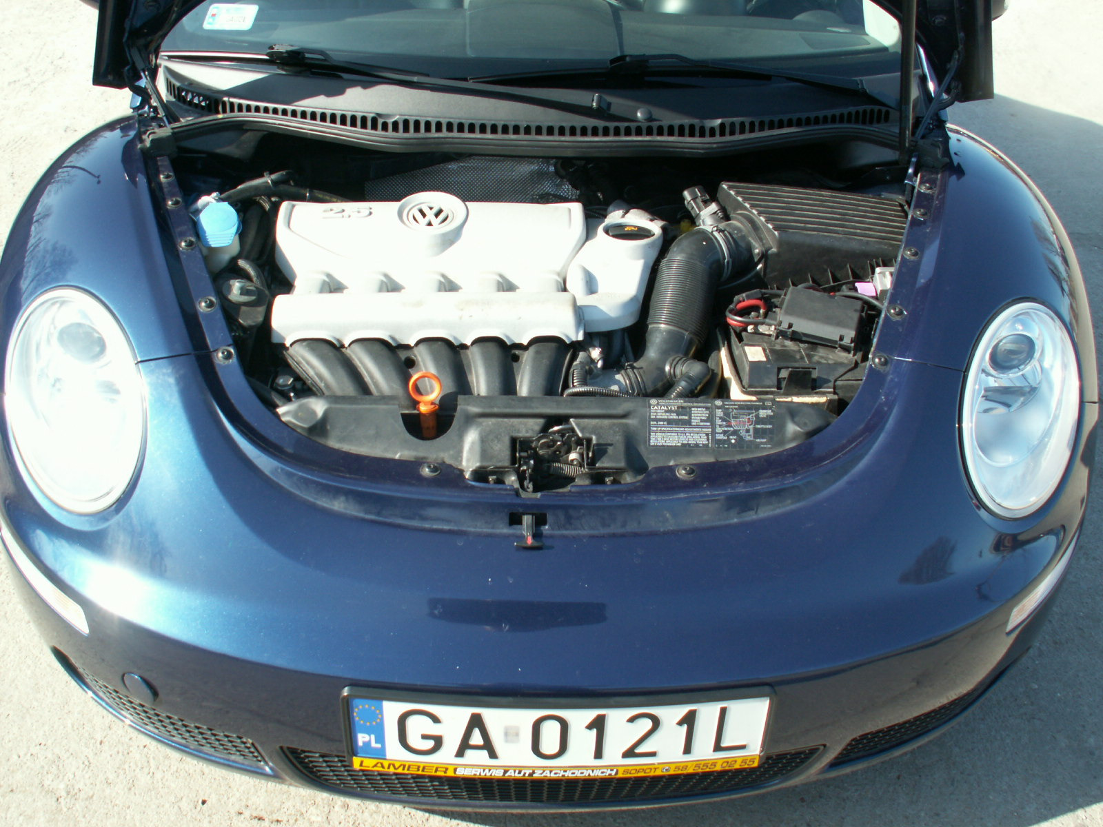 Otwarta maska niebieskiego Volkswagena Beetle, widoczny silnik 2.5 z białym pokryciem i pomarańczowym wskaźnikiem poziomu oleju, tablica rejestracyjna z przodu.