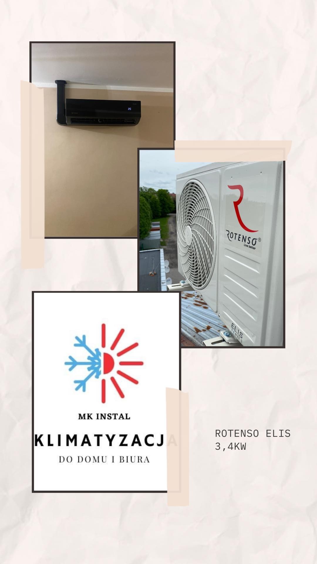 Czarny klimatyzator ścienny w pomieszczeniu, zewnętrzna jednostka Rotenso Elis 3,4kW na dachu budynku, logo firmy MK Instal Klimatyzacja do domu i biura.