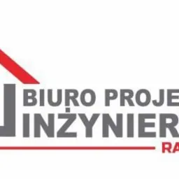 Logo biura projektowo-inżynieryjnego Rafała Zimnego z graficznym symbolem domu w kolorach szarym i czerwonym.