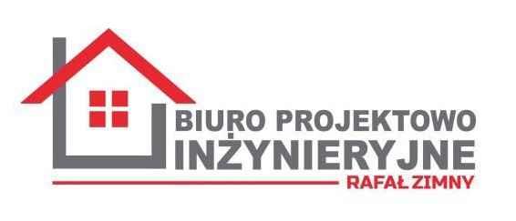 Logo biura projektowo-inżynieryjnego Rafała Zimnego z graficznym symbolem domu w kolorach szarym i czerwonym.