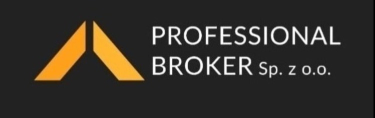 Logo firmy Professional Broker Sp. z o.o. z geometrycznym symbolem w kolorze pomarańczowym na ciemnoszarym tle.