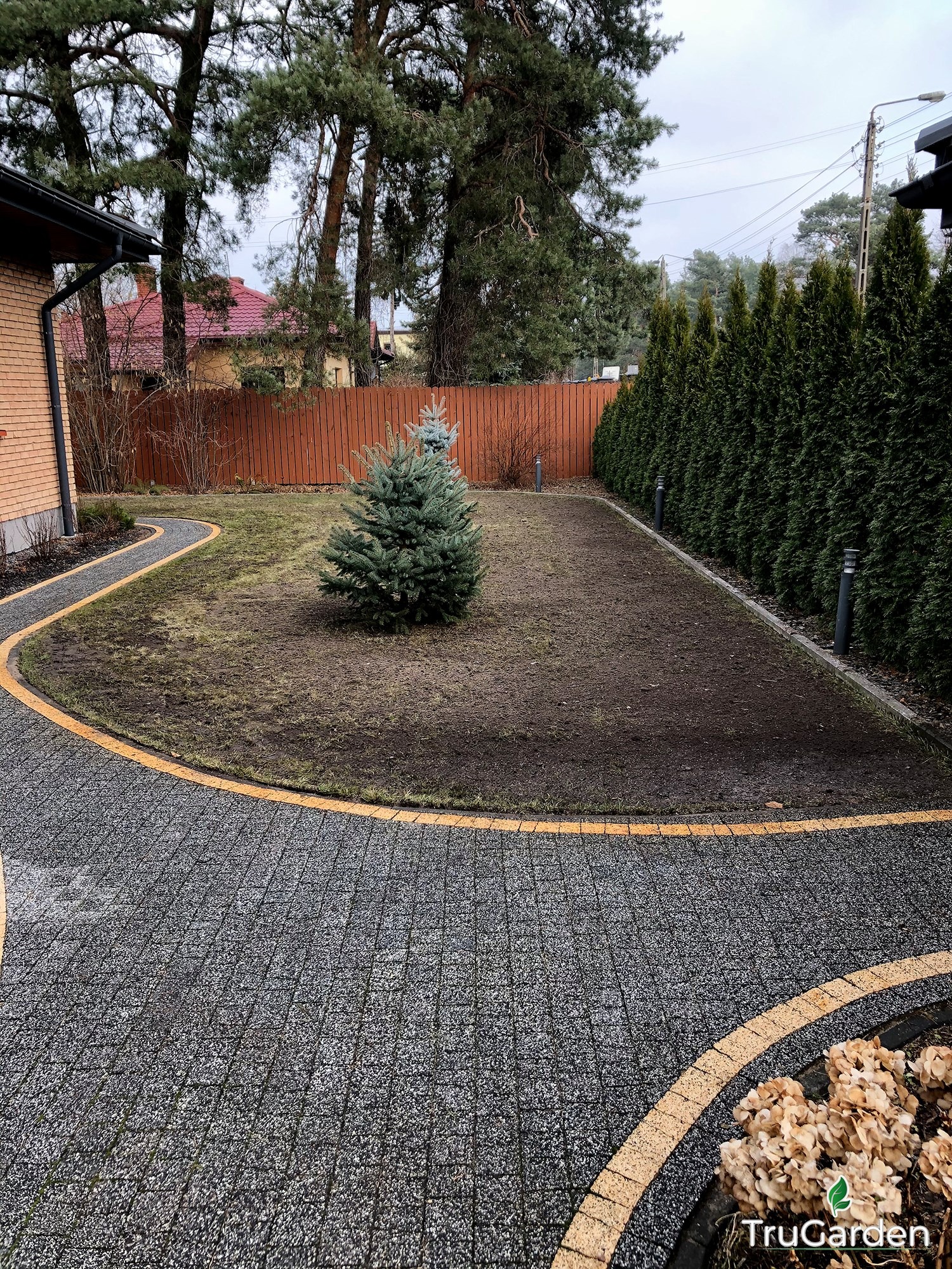 Widok na posesję z nowo wyłożoną kostką brukową z żółtymi obrzeżami, przygotowany teren pod przyszły trawnik z małą choinką pośrodku i rząd wysokich tui wzdłuż ogrodzenia.