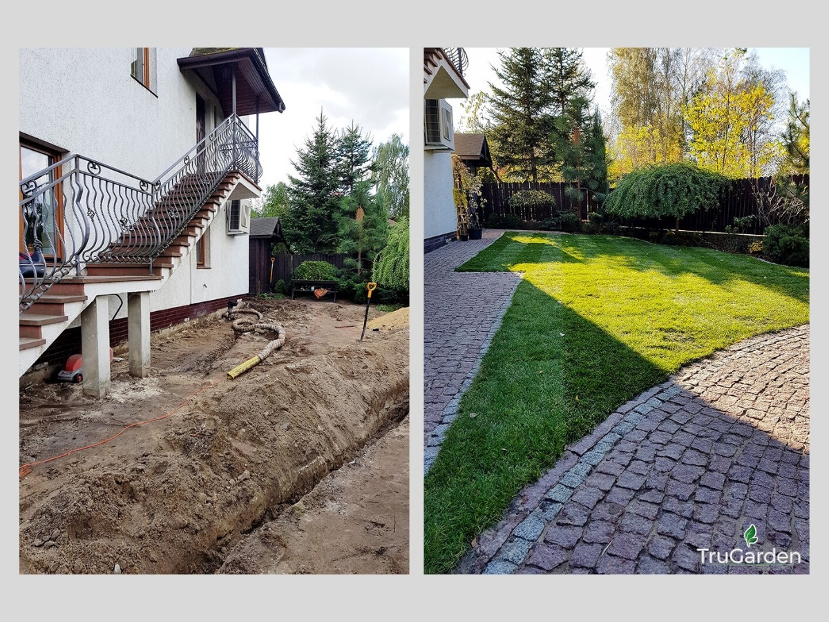 Porównanie stanu przed i po: Wykop w ziemi obok domu z ozdobnymi schodami kontra wypielęgnowany trawnik z kostką brukową i logo firmy TruGarden.