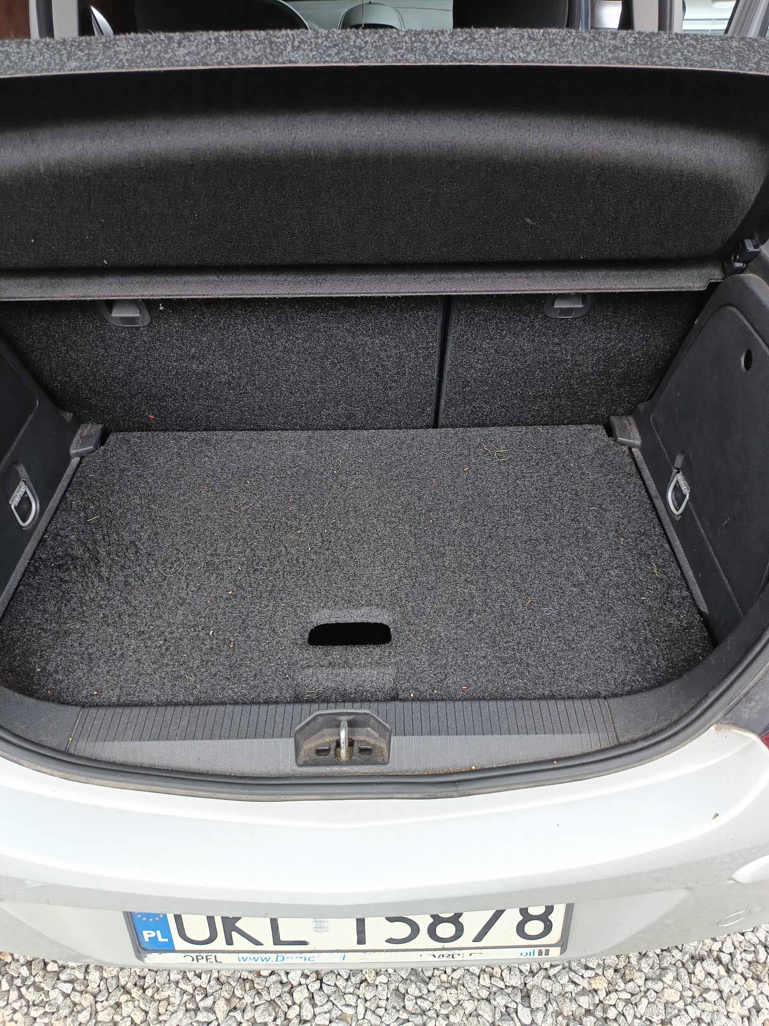 Wnętrze bagażnika samochodu marki Opel z widocznymi elementami tapicerki i wykładziny, na której widać drobne zabrudzenia i resztki roślinne.