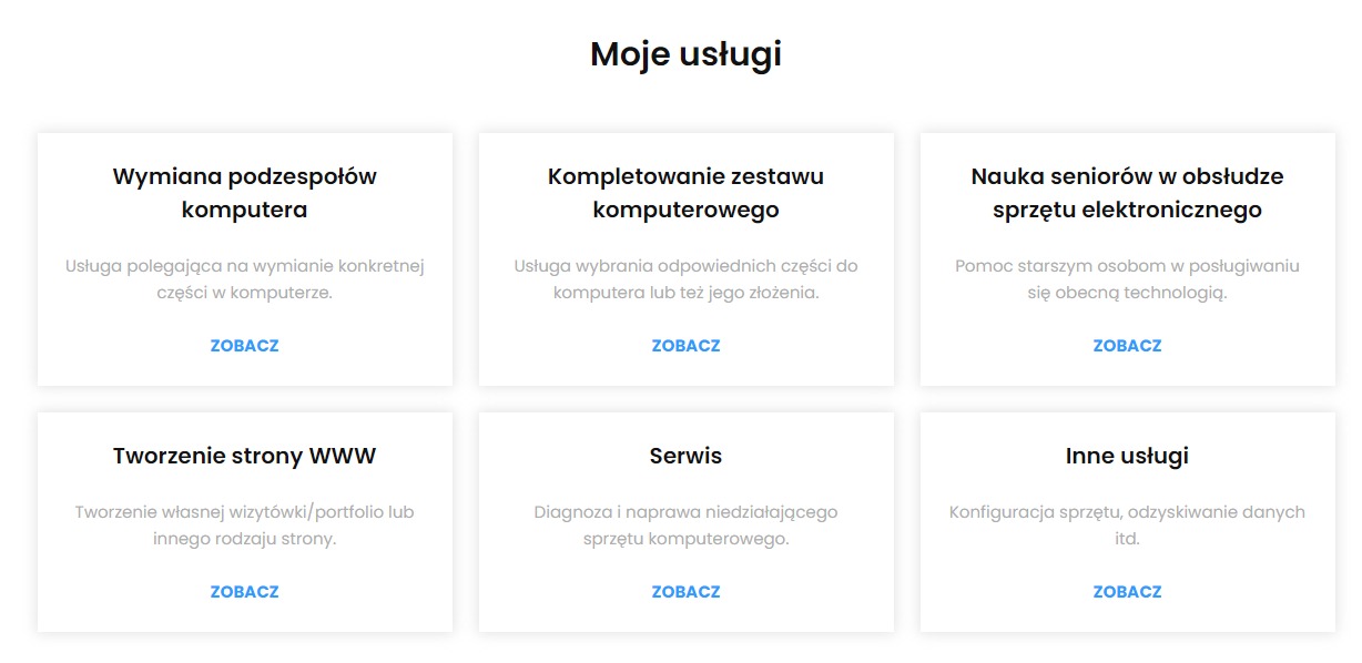 Wyświetlona lista usług: Wymiana podzespołów komputera, Kompletowanie zestawu komputerowego, Nauka seniorów w obsłudze sprzętu elektronicznego, Tworzenie strony WWW, Serwis, Inne usługi...