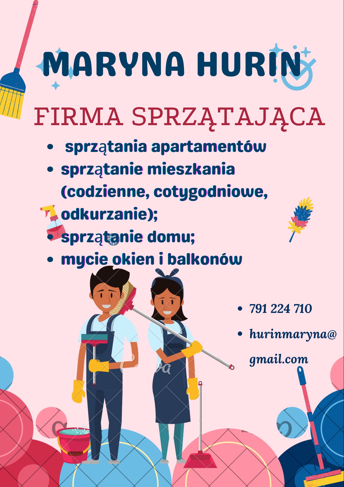 Grafika reklamowa firmy sprzątającej Maryna Hurin, prezentująca ofertę sprzątania apartamentów, mieszkań (codzienne, cotygodniowe, odkurzanie), domów oraz mycia okien i balkonów, z ilustracjami...