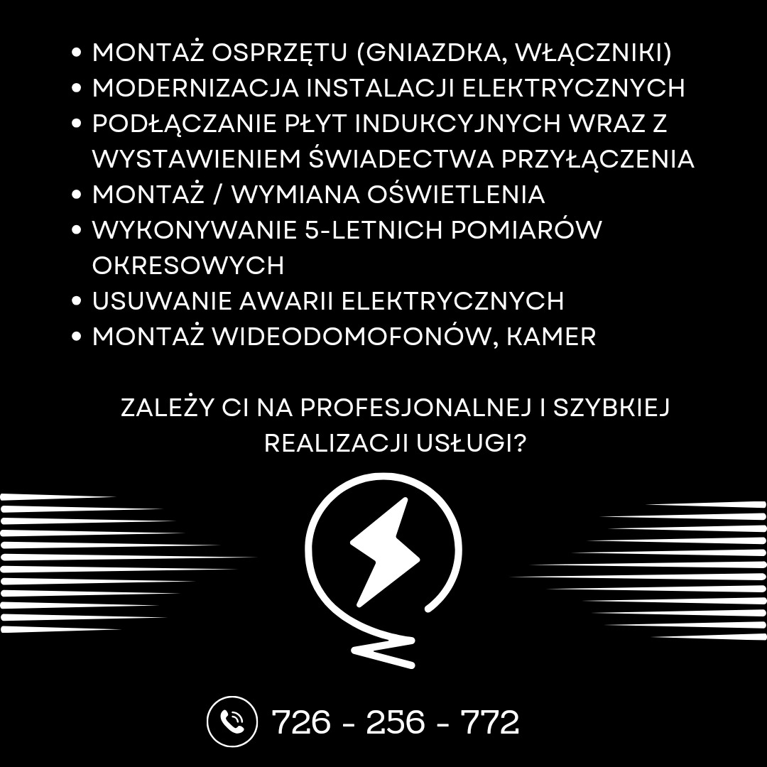 Czarno-biała grafika reklamowa usług elektrycznych, z listą oferowanych usług, symbolem błyskawicy w okręgu i numerem telefonu.