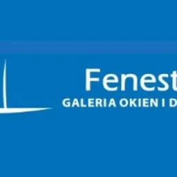 Logo firmy Fenestra, galeria okien i drzwi, z sylwetką kota siedzącego w oknie z krzyżem, na niebieskim tle.