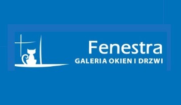 Logo firmy Fenestra, galeria okien i drzwi, z sylwetką kota siedzącego w oknie z krzyżem, na niebieskim tle.
