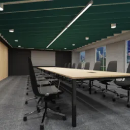 Nowoczesna sala konferencyjna z długim, jasnym stołem, czarnymi krzesłami obrotowymi, zielonym sufitem z oświetleniem LED, szarą wykładziną dywanową, ścianą z drewnianymi panelami i rośliną...