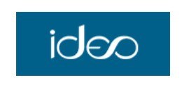 Logo 'ideo' w kolorze białym na jednolitym, niebieskim tle.