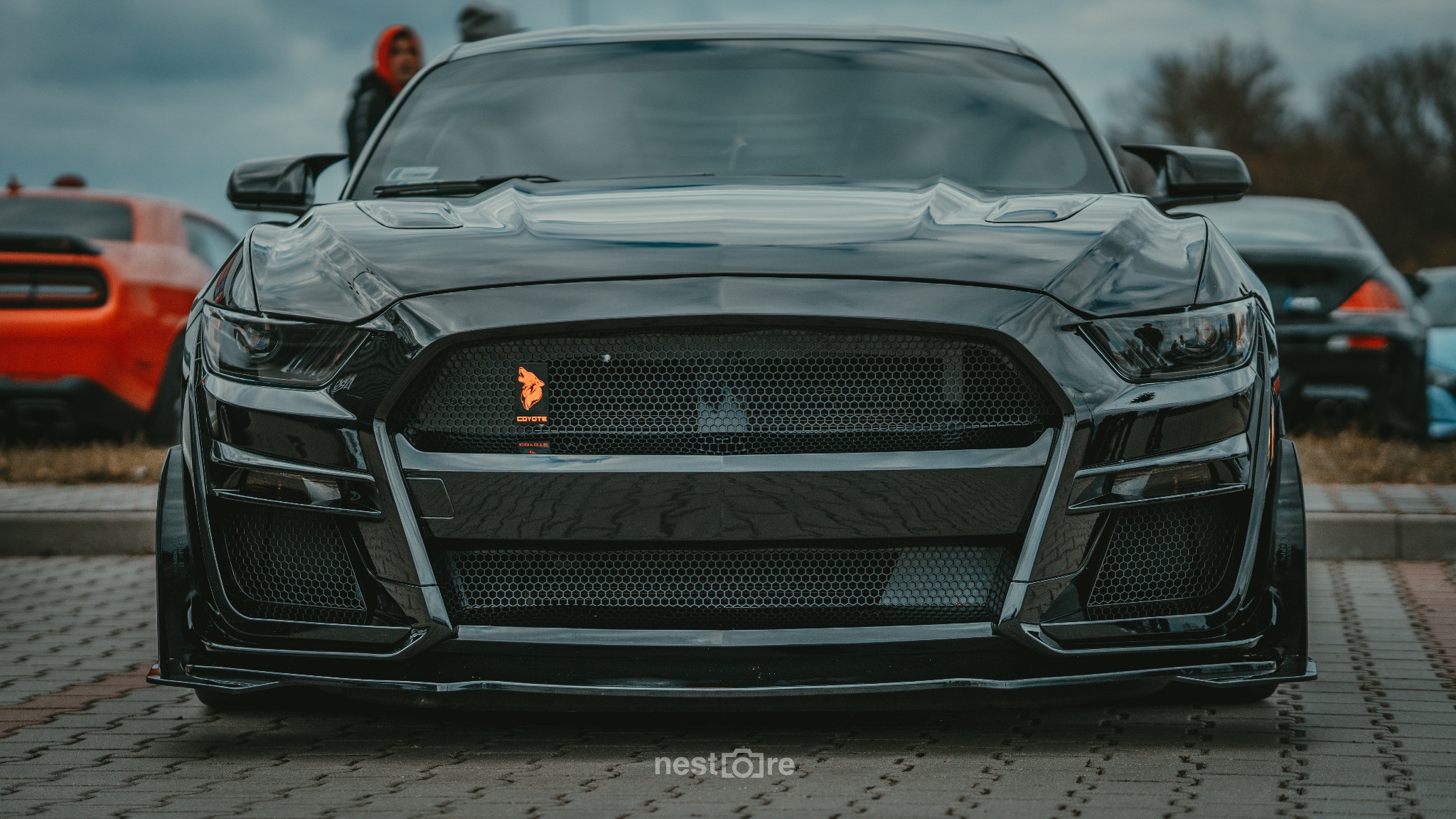 Czarny, zmodyfikowany Ford Mustang z pomarańczowym logo Coyote na przedniej kratce, sfotografowany z niskiej perspektywy na tle innych samochodów i pochmurnego nieba.