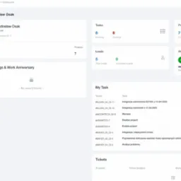 Ekran pulpitu nawigacyjnego oprogramowania z listą zadań, projektów, leadów i ticketów, wyświetlający statusy zadań, terminy i szczegóły integracji zamówień.