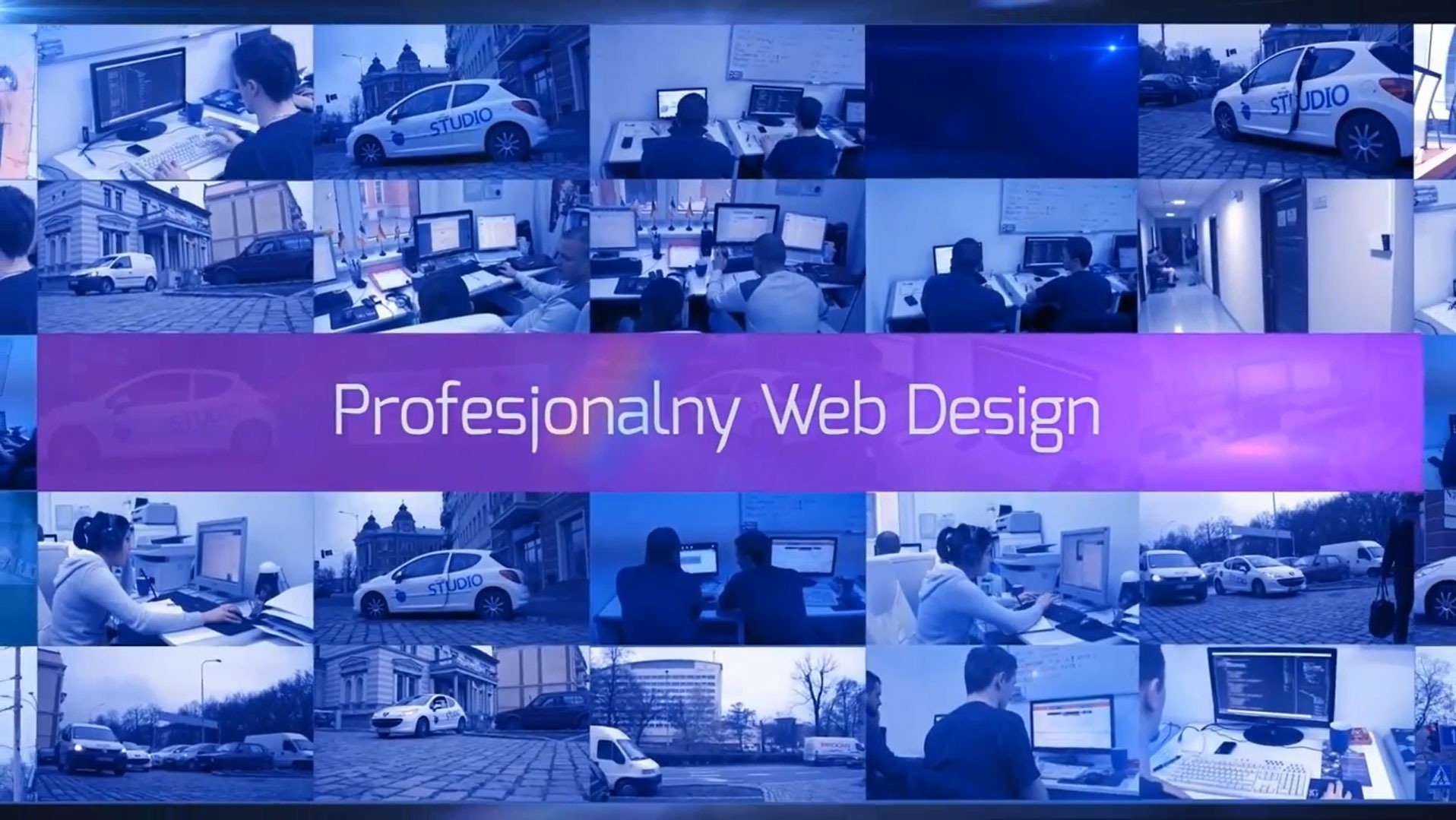 Mozaika zdjęć z prac biurowych, samochodów z logo studia i napisu 'Profesjonalny Web Design' na fioletowym tle.