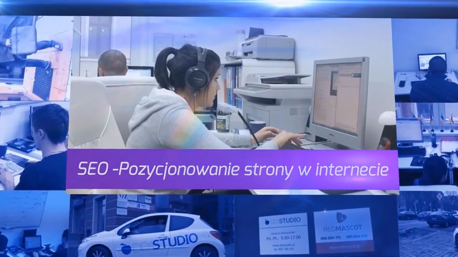 Montaż wideo przedstawiający osoby pracujące przy komputerach, z tekstem 'SEO - Pozycjonowanie strony w internecie' oraz logotypami firm.