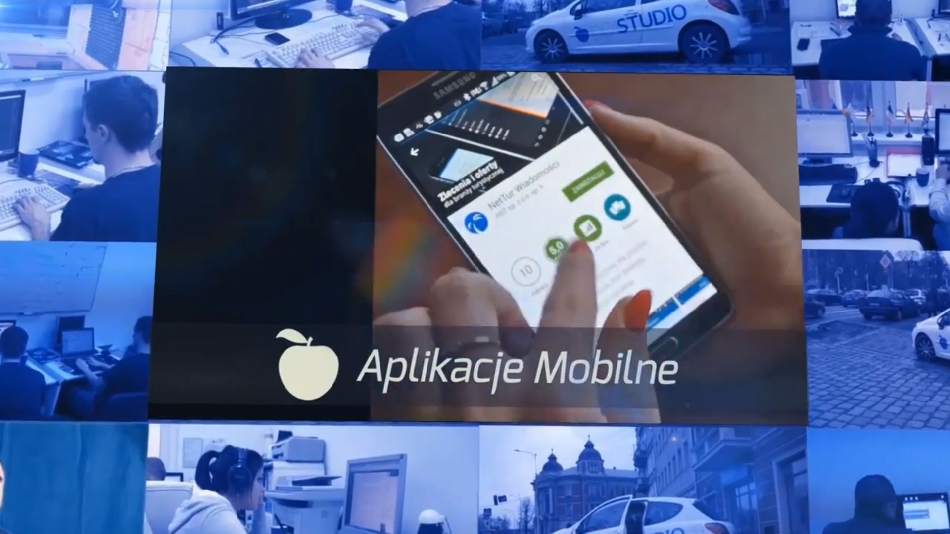 Mozaika zdjęć przedstawiająca tworzenie aplikacji mobilnych, w centrum dłoń kobiety z czerwonymi paznokciami trzymająca smartfon z widoczną aplikacją NetTur Wiadomości w sklepie Google Play...