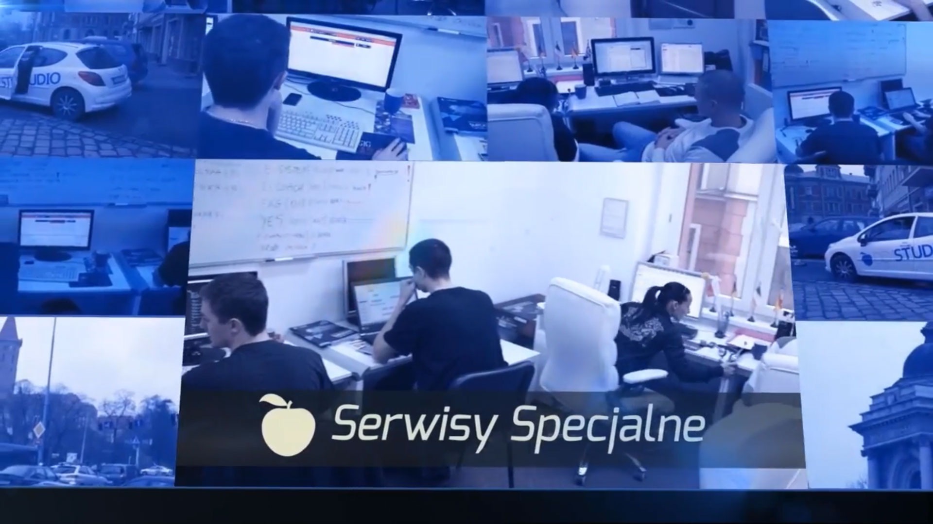 Mozaika zdjęć przedstawiająca biuro firmy IT z pracownikami przy komputerach, notatkami na tablicy i samochodem firmowym na zewnątrz.