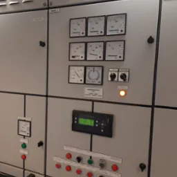 Szara szafa sterownicza z analogowymi i cyfrowymi wskaźnikami, przełącznikami oraz przyciskami, oznaczona jako Panel 7 i Generator No. 4 Q701, z widocznymi amperomierzami, woltomierzami...
