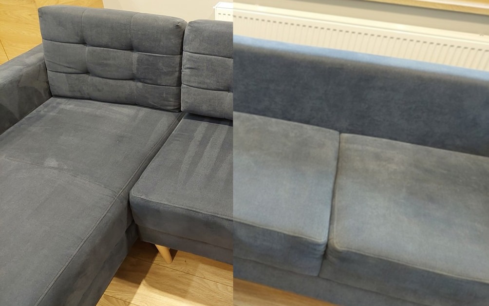 Szara narożna sofa z wyraźnie widoczną różnicą w czystości tapicerki: lewa strona po czyszczeniu, prawa przed.